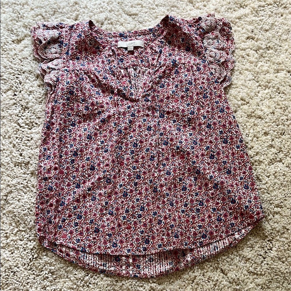 LOFT Red and White Ruffled Cap Sleeve Blouse